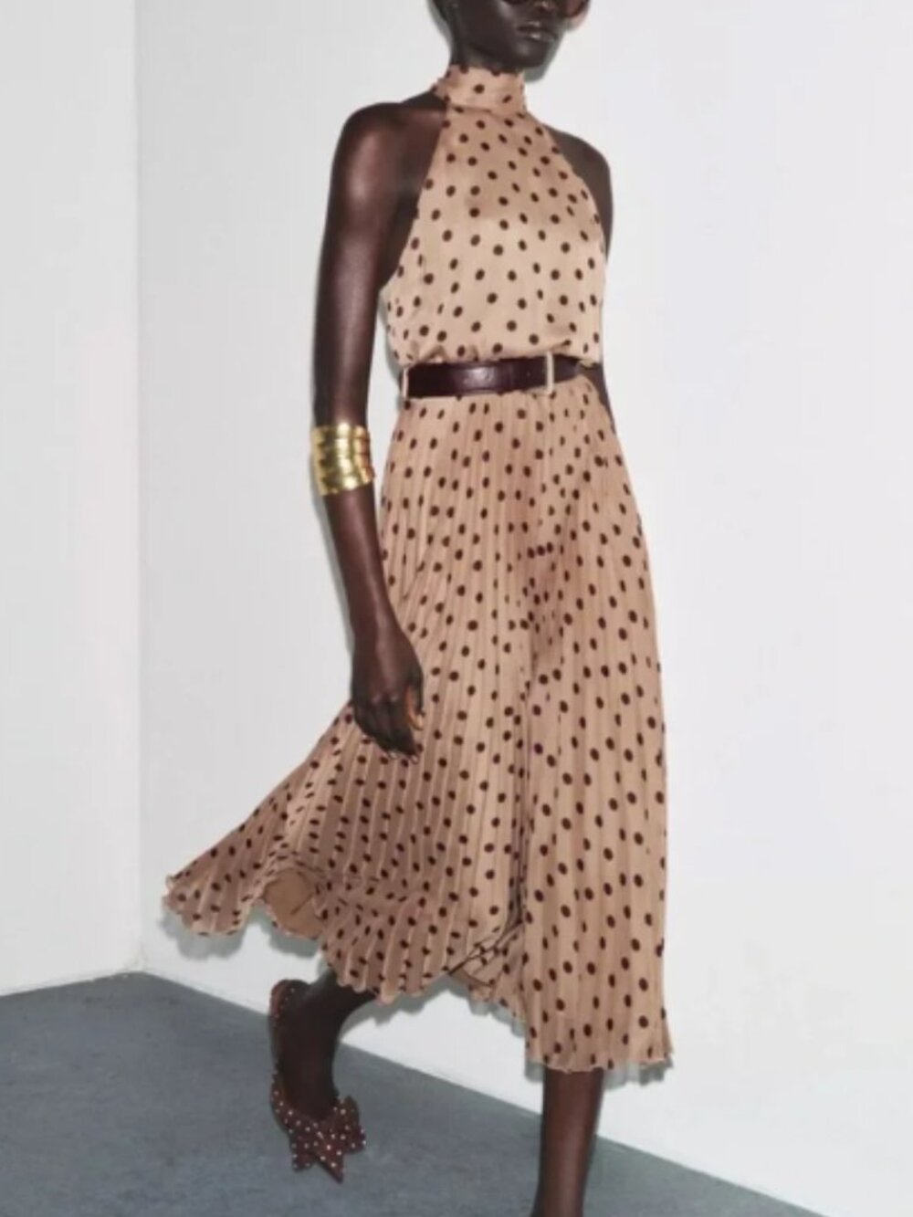 NWT Zara Belted Polka Dot Halter Neck Sleeveless Pleated Dress Cognac & Burgundy